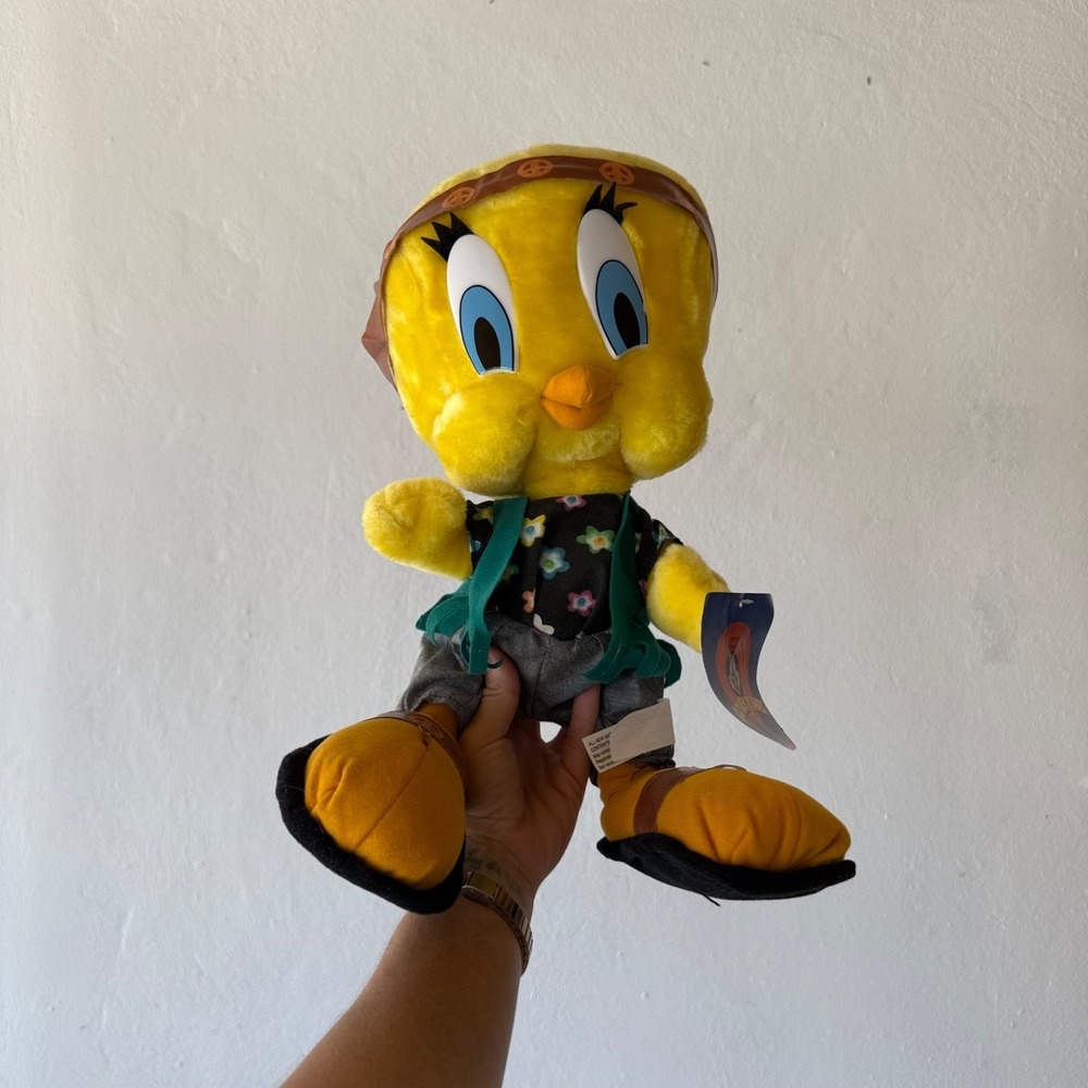 Vintage 1998 Looney Tunes Tweety Bird Hippie Plush w Tag Peace Sign Headband